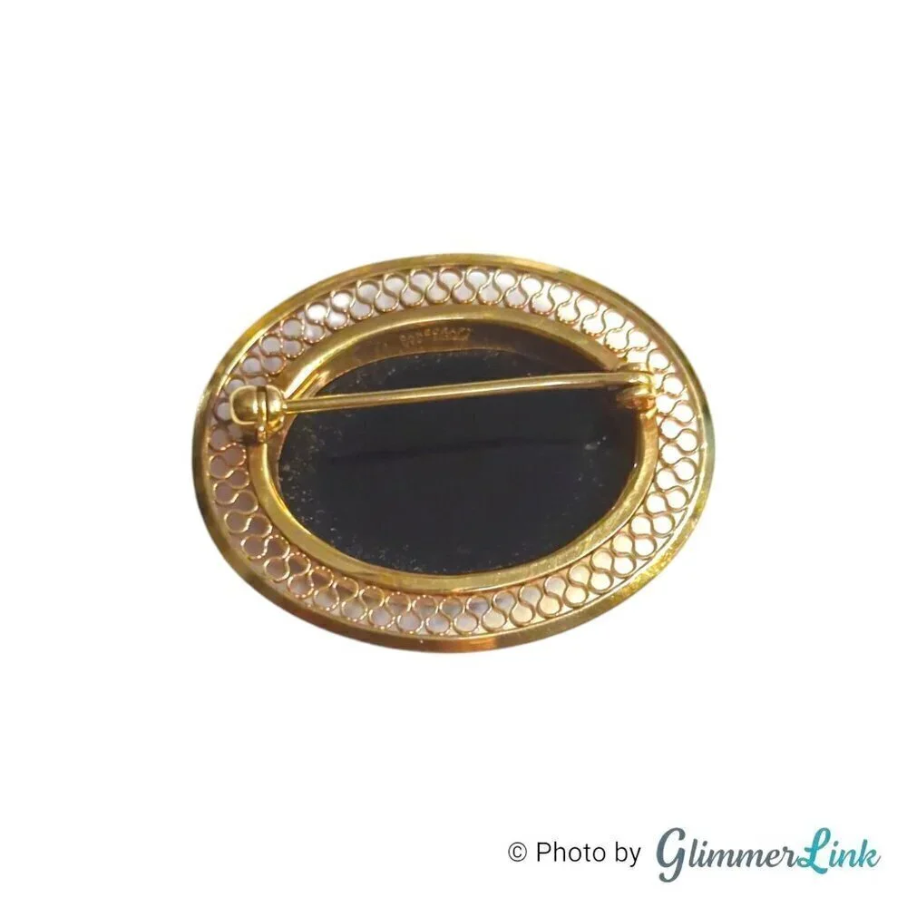 Vintage Danecraft 12KT Gold Filled Onyx Oval Filigree Brooch Pin